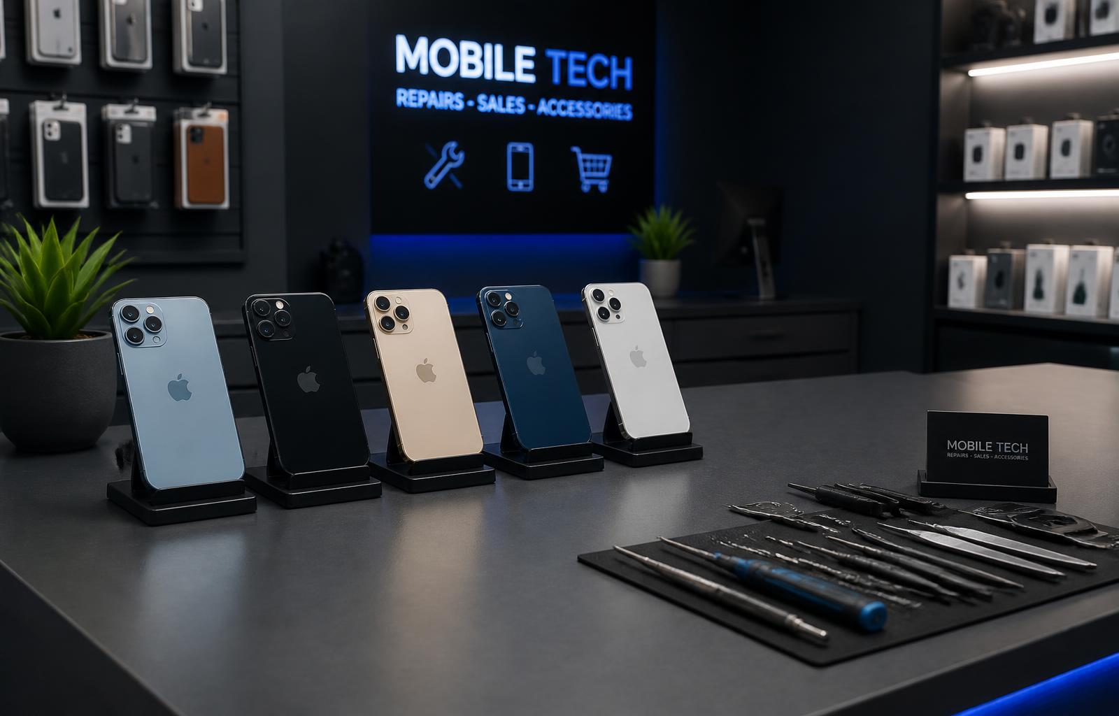 Balcão da loja JR iPhones com iPhones em exposição e ferramentas de reparo